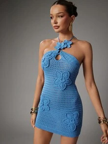 Hauture Women's Solid Color 3D Floral Decor Hollow-Out Halter Slim Knitted Dress - Blue - View 1