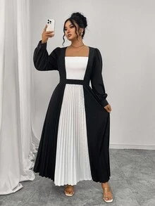 Elenzga Plus Size Elegant Commuter Color Block Pleated Dress Fall Cloth For Women - Black and White - View 6