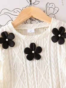 SHEIN Elladie kids 女童可爱黑色碎花图案白色长袖圆领打底衫搭配黑色百褶舒适迷你裙T恤套装，秋冬款 - 白色 - 查看 7