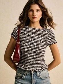 Poéselle Women's Striped Round Neck Short Sleeve Ruffle Hem Fashionable Blouse - Coffee Brown - View 7