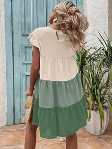 Breezaya Color Block Flounce Sleeve Ruffle Hem Smock Dress Vacation Beach Outfits Women - Multicolor - View 2