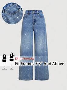 SHEIN Tall CURVE Plus Size Women Rhinestone Embellished Blue Denim Wide Leg Jeans Holiday Airport For Women Business Casual Woman Blue Jeans BlingBling Rhinestone Embellished Low, Rise Wide Leg Pants Y2K Music Festival