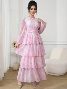 Veilorie Women's Baby Pink Tie Dye Chiffon Maxi Dress Round Neck Puff Long Sleeve A Line Party Gown Arabian Style - Baby Pink - View 6