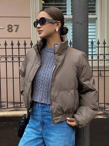 DAZY 女式立领短款毛绒内衬休闲街头风格棉服外套冬季夹克 - 棕色 - 查看 10