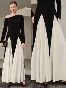 Uhlyne Women's Autumn Knitted Dress With Color Blocking, Asymmetric Off-Shoulder Design, Minimalist Style, Suitable For Casual, Work, And Wedding Guest Occasions-Elegant And Sophisticated. Fall Cloth For Women