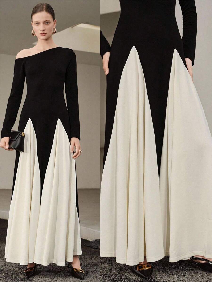 Uhlyne Women's Autumn Knitted Dress With Color Blocking, Asymmetric Off-Shoulder Design, Minimalist Style, Suitable For Casual, Work, And Wedding Guest Occasions-Elegant And Sophisticated. Fall Cloth For Women