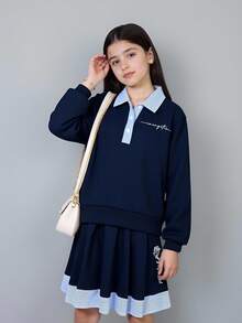 Maija Kids Maija Kids Tween Girl Patchwork 2 In 1 Collared Sweatshirt And Mini Skirt Set - Navy Blue - View 4