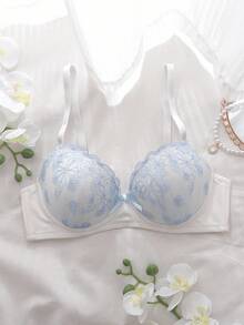 DelicateAllure Romantic Floral Embroidered Light Blue & White 3/4 Cup Underwired Push-Up Bra, Everyday Wear, Back To School Season  Cozy And Elegant Details