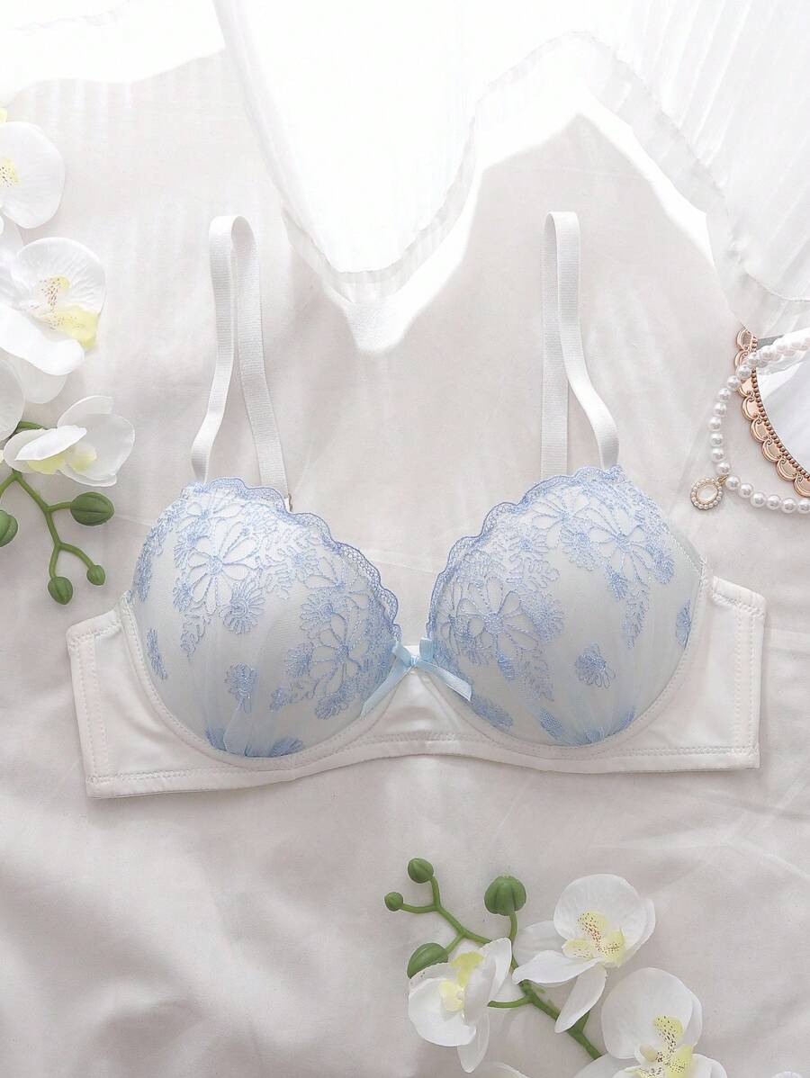 DelicateAllure Romantic Floral Embroidered Light Blue & White 3/4 Cup Underwired Push-Up Bra, Everyday Wear, Back To School Season  Cozy And Elegant Details