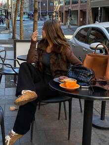 DAZY Women's Casual Loose Fit Short Fluffy Jacket, Elegant Minimalist Fashion Outerwear For Commuting, Autumn/Winter Women Coats - Brown - View 7