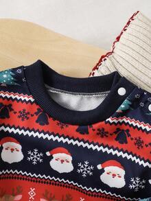 SHEIN 2 件套男婴服装，圆领圣诞驯鹿、雪花、圣诞树、圣诞老人印花、白色波浪线“HO”字母图案上衣，搭配海军蓝领口袖口下摆腰带裤子，穿着舒适，适合秋冬季，适合节日活动和聚会 - 彩色 - 查看 5