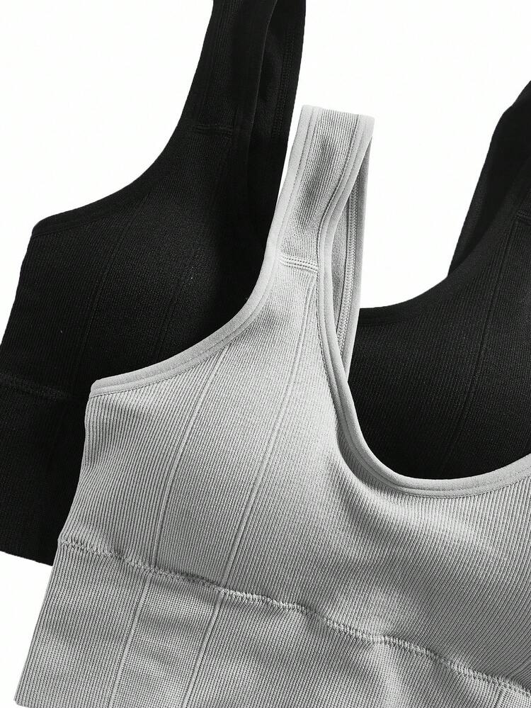 SHEIN Velisys 2pcs/Set Basic Workout Set, Moisture-Wicking Fabric, Ribbed Design, 2 Color Combinations, Suitable For Fitness, Yoga, Seamless Gym Matching Set - Multicolor - View 7