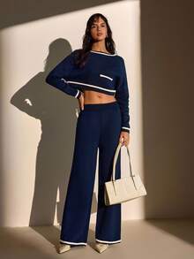 EURMUSE Marineblauer Crop-Pullover mit Kontrastbesatz & hochgeschnittene Strickjogginghose Set - 40cm locker sitzende Oberteil mit Tasche, Winterkleidung Damen, Winterkleidung, Herbstoutfits Damen, Herbst