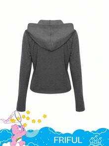 SHEIN X Care Bears FRIFUL Women's Striped Bear Pattern Zip-Up Hooded Long Sleeve T-Shirt - Grey - View 12