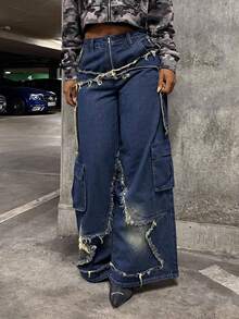 StreetHx Quần jeans ống rộng, dáng suông, viền tua rua dành cho nữ - Màu xanh lam - Xem 5