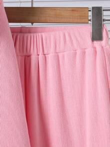 女童彼得潘领荷叶边长袖运动衫和松紧腰裤休闲校园淑女装 - 粉色 - 查看 7