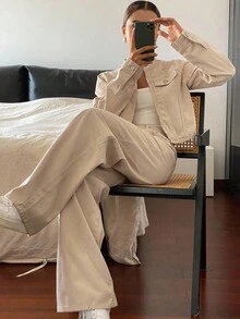 Livesso Conjunto de chaqueta holgada casual y jeans de pierna ancha para mujer, otoño