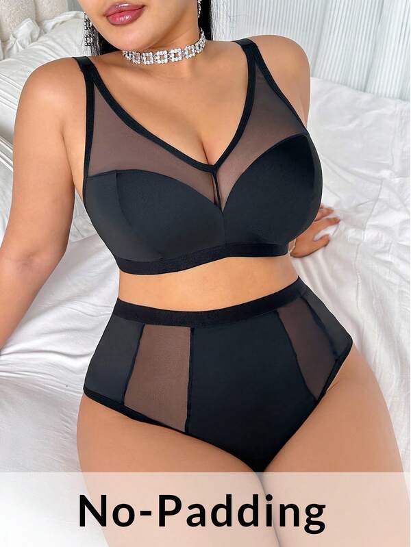 Conjunto de lencería de talla grande de 2 piezas con sujetador inalámbrico de copa completa y panty minimalista y suave, color negro, con efecto de elevación