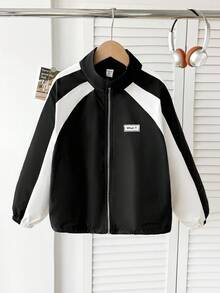 SHEIN Jaket Baseball Kerah Tegak dengan Warna Kontras untuk Remaja Perempuan, Kasual dan Serbaguna, Cocok untuk Kembali ke Sekolah, Cocok untuk Ibu dan Anak, Musim Gugur dan Musim Dingin - Hitam dan Putih - View 15