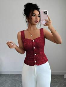 Elenzga Áo cánh vải jacquard cổ tim cài nút phía trước dành cho nữ mùa hè - Đỏ - Xem 4