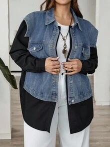 SHEIN CURVE+ 大码女式拼色长款牛仔夹克 - 黑色 - 查看 3