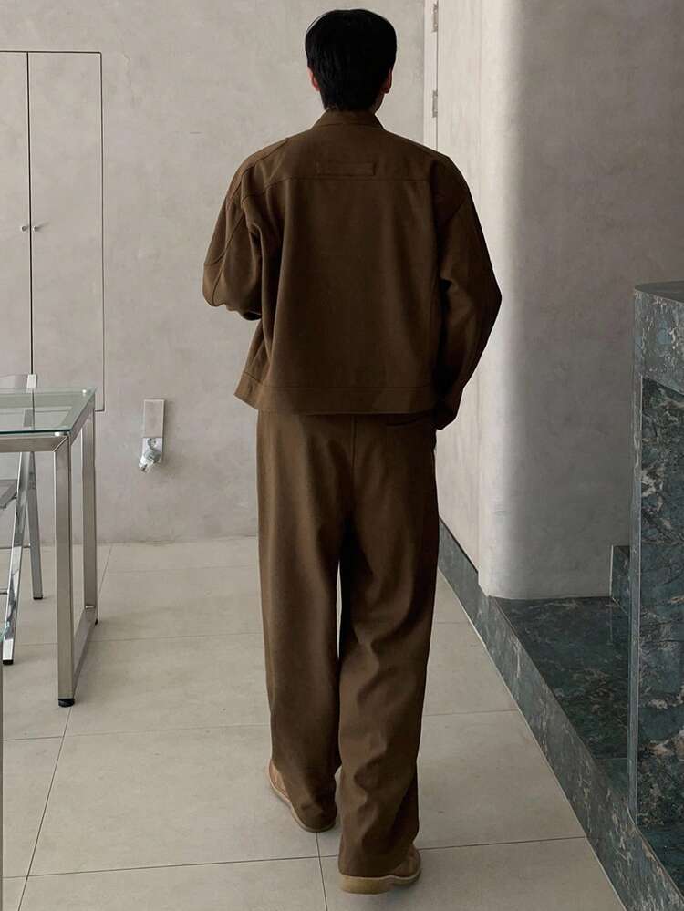 Men's Solid Color Brown Crop Top Paired With Street Style Jacket, Autumn