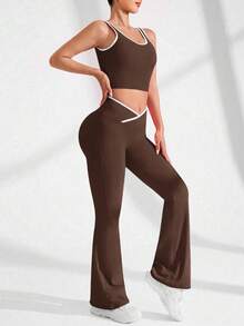 SHEIN 女式运动休闲撞色边背心和裤子套装 - 咖啡棕 - 查看 4