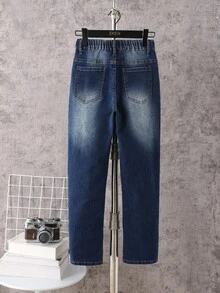 Tween Boy Fashion Stone Washed High Waist Ripped Slant Pocket Jeans With Artistic Print - Medium Wash - View 2