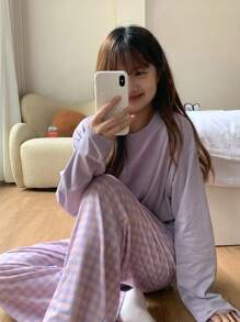 DAZY 少女宽松舒适休闲家居服套装，甜美格子直筒裤，秋季