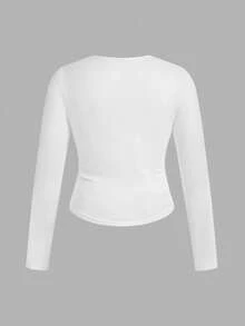 SHEIN EZwear 3件套女士加大码休闲纯色及豹纹圆领褶皱长袖T恤，适合秋冬季节，女士秋季服装3件装上衣紧身露脐长袖露脐豹纹上衣 - 彩色 - 查看 6