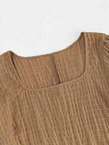 SHEIN VCAY Plus Size Solid Color Square Neck Casual Versatile Short Sleeve Shirt, Summer - Mocha Brown - View 4