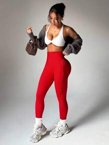 Core Rhythm High Waisted Seamless Slim Leggings For Women - Resilient Soft Touch Quick-Drying Breathable 4-Way Stretch Butt Lifting Legging For Hiking Running Cycling Yoga Pickleball Exercise Casual Tummy Control Leggings - Red - View 3