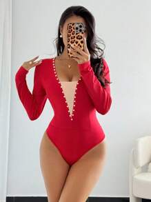 Chiquease Body de mujer con cuello en V, diseño de parches de malla calada y burbujas - Burdeos - Ver 1