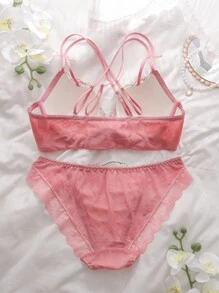 DelicateAllure 2 件前扣式提升和增强钢圈衬垫文胸，配有交叉后背和花卉刺绣舒适半罩杯内衣套装 - 粉色 - 查看 2