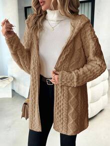 SHEIN Clasi 女士休闲拉链连帽纹理羊毛夹克 - 棕色 - 查看 4