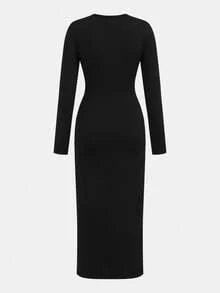 SHEIN Vestido negro de manga larga con pliegues en la cintura, unicolor, versátil y minimalista para adolescentes - Negro - Ver 2