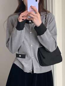DAZY Patchwork Colorblock Crew Neck Long Sleeve Elegant Vintage Knit Cardigan For Women, Autumn/Winter - Grey - View 6