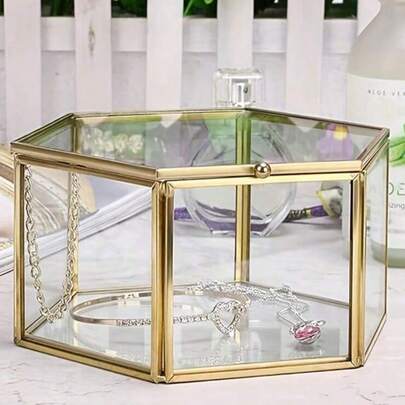 1 件豪华六角形玻璃珠宝展示盒 - 用于存储和整理的装饰盒 - 黄铜框架、结婚礼物、戒指、手镯、耳环架、母亲节、春季家居装饰、时尚珠宝收藏收纳盒、阳光旅行酷炫返校