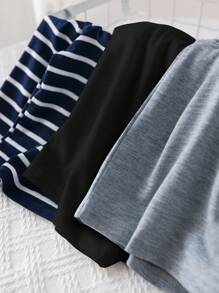 SHEIN 3 件套黑白条纹纯色圆领长袖套头衫，柔软舒适，百搭休闲装，适合男婴和女婴，适合春秋季节 - 彩色 - 查看 3