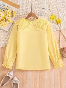 SHEIN 女童白色长袖镂空荷叶边领衬衫，秋冬款 - 黃色 - 查看 2