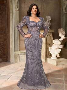 Aureia Elegantes Luxus-Abendkleid in Große Größen mit tiefem Ausschnitt, transparenten Ärmeln, Taille mit Perlen und Pailletten und Meerjungfrauensaum, geeignet für Hochzeitsgäste, Partys, formelle Anlässe, Bankette - Grauviolett - Übersicht 4