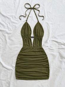 Soleia Váy ngắn hở lưng buộc dây cổ chữ V sâu gợi cảm dành cho nữ, dáng ôm sát, thích hợp cho tiệc tùng, hẹn hò, trà chiều, kỳ nghỉ hè trên bãi biển gợi cảm và thời trang - Màu xanh Ô liu - Xem 6