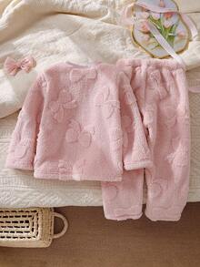 Genkimix Kids 2pcs/Set Young Girl' Cute Casual Comfortable Knit Round Neck Fluffy Pink Long Sleeve Top And Pants Pajama Set With Bow Design Winter Pajama Set Girls Fall
