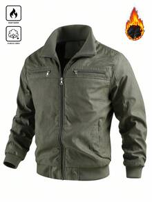 Manfinity Homme 男士休闲商务简约保暖长袖拉链冬季外套，秋季 - 軍綠色 - 查看 7