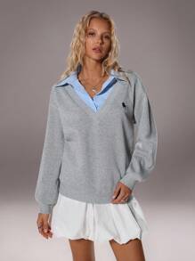 TRNVIE 1pc Women's V-Neck Embroidered Logo Colorblock Relaxed Fit Thermal Lined Sweatshirt, Casual Wear For Office, School, Home In Autumn/Winter - Grey - View 1