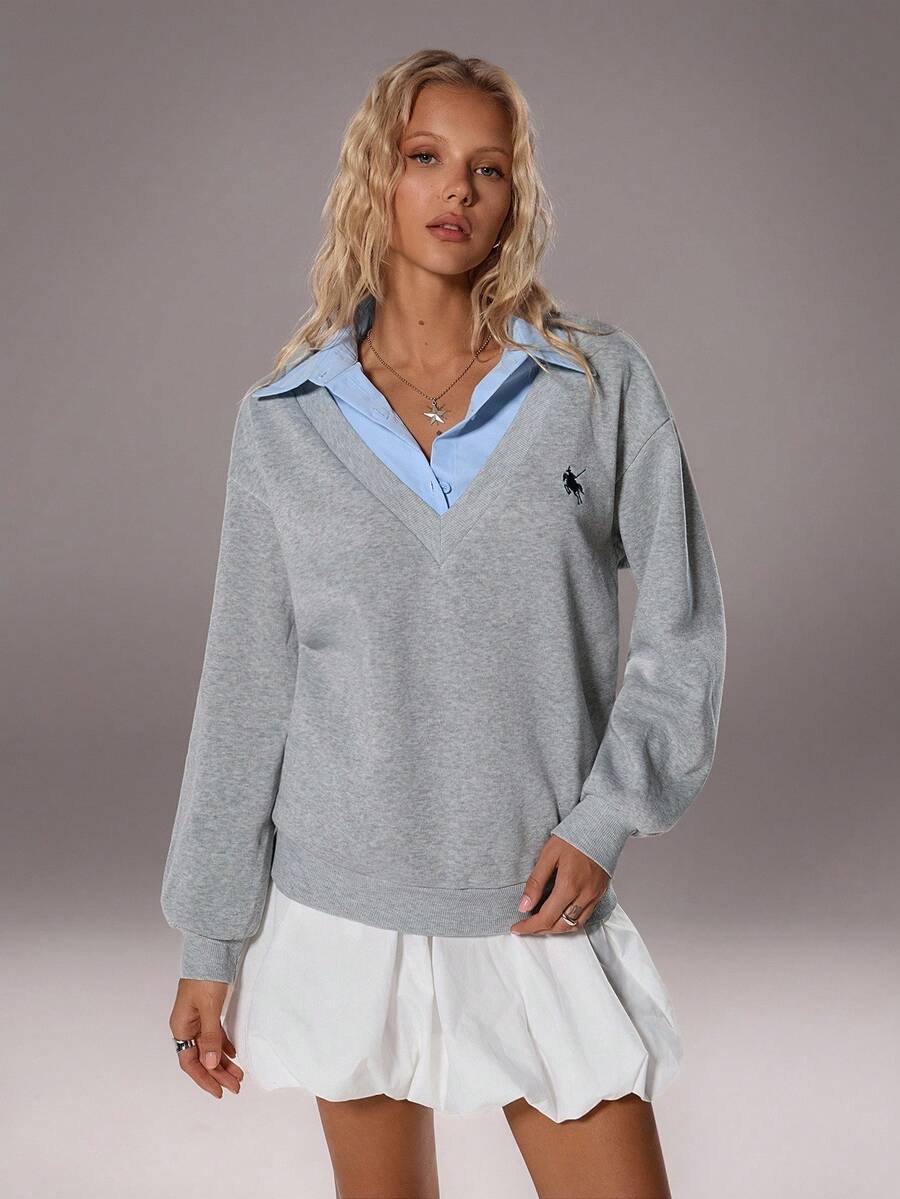 TRNVIE 1pc Women's V-Neck Embroidered Logo Colorblock Relaxed Fit Thermal Lined Sweatshirt, Casual Wear For Office, School, Home In Autumn/Winter - Grey - View 1
