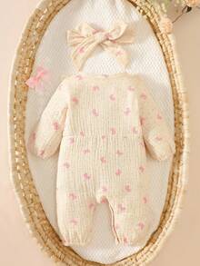 SHEIN Bộ đồ liền thân xuân/thu cho bé gái sơ sinh, phong cách công chúa, cotton mềm mại, họa tiết nơ dễ thương, thoải mái - Màu tím - Xem 3