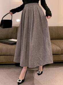 DAZY Falda plisada de línea A de estilo casual con estampado de pata de gallo para mujer, otoño