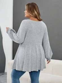 SHEIN CURVE+ Große Größen Lässig einfarbiges Laternenhülse T-Shirt, Herbst/Winter Kleidung für Frauen, CURVE PLUS - Grau - Übersicht 2