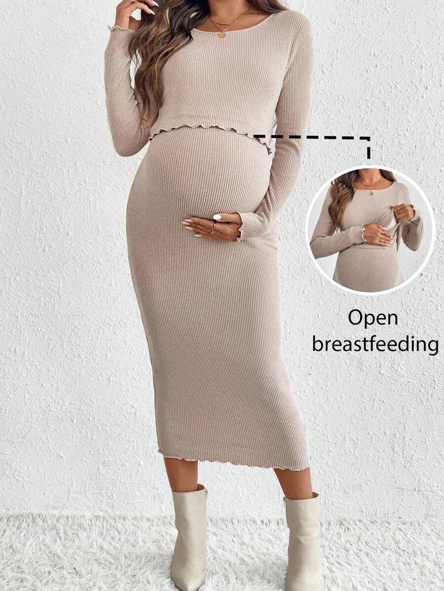 SHEIN 孕妇杏色圆领长袖修身优雅哺乳连衣裙，女士秋季连衣裙外出连衣裙裹身裙秋季连衣裙秋季连衣裙秋季女装 Felpa 秋季女装秋季米色 - 卡其色 - 查看 1